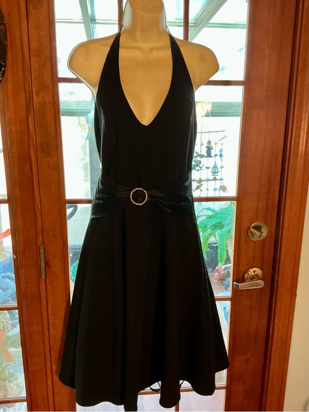 B Darlin Black Halter Backless Fit-and-Flare Dress with Rhinestone Buckle Accent